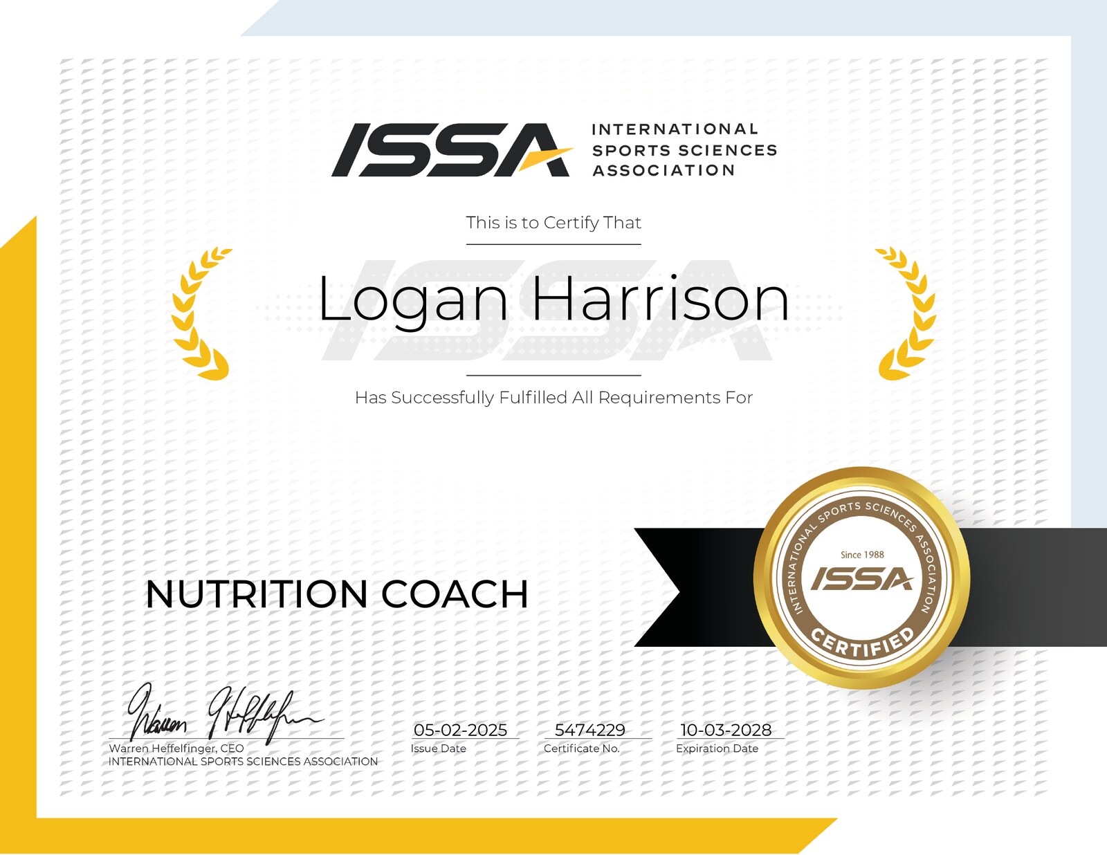 ISSA Certified Nutrition Coach certificate issued to Logan Harrison, certificate number 5474229